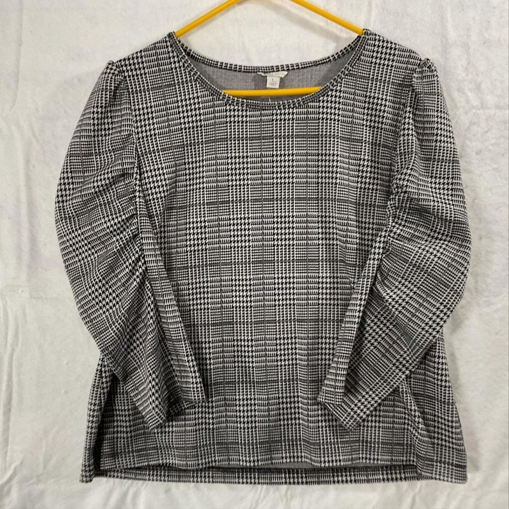 Cato Shirt Womens Large Black Plaid Round Neck Long Sleeve Knit Top Casual